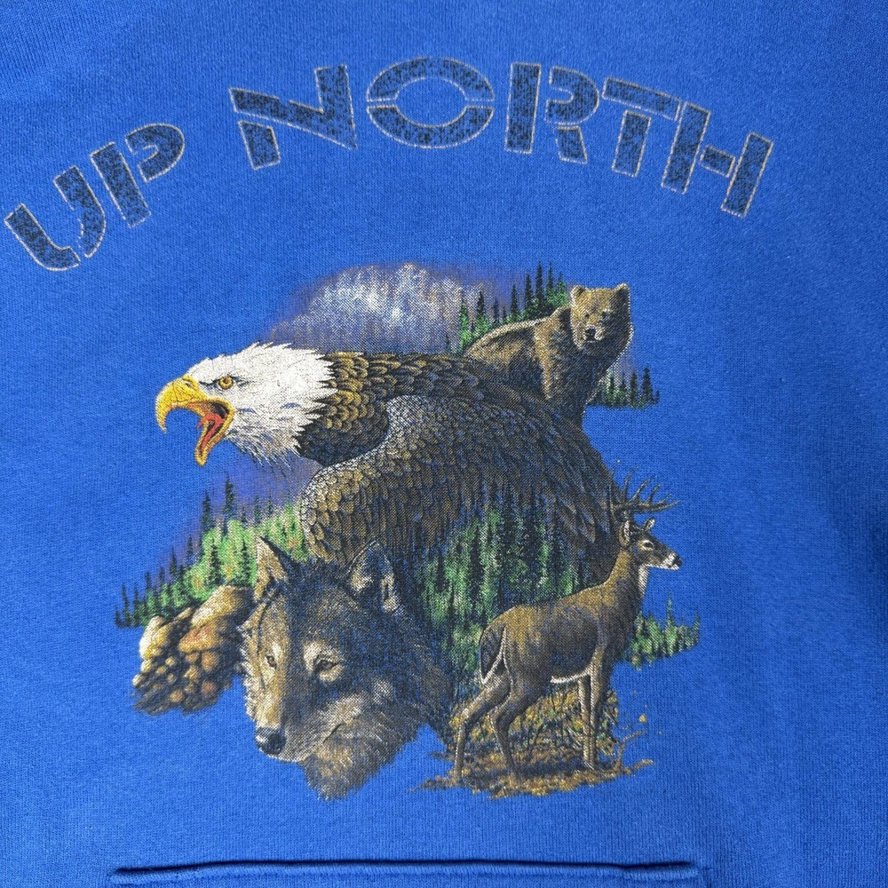 Vintage Fruit of the Loom Mens Wildlife Graphic Hoodie Size 2XL Blue Y2K Outdoor - Picture 2 of 16